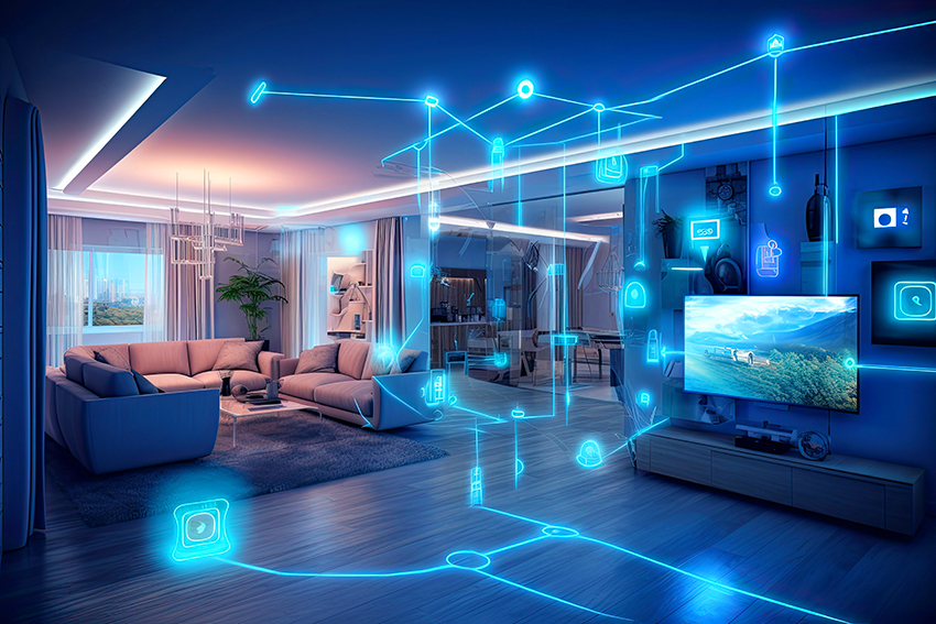 Interior of AI augmented reality smart home, Modern smart home